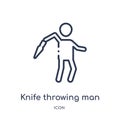 Linear knife throwing man icon from Circus outline collection. Thin line knife throwing man vector isolated on white background.