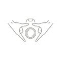 Linear logo human hands performing shape of modern photo video camera with lens vector illustration