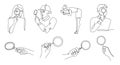 Linear looking through magnifying glass. Minimalist continuous one line people and detective hands using magnifiers in