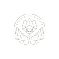 Linear magic lotus flower with praying human hands namaste at circle hand drawn frame logo vector