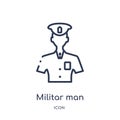 Linear militar man with protection icon from Army outline collection. Thin line militar man with protection vector isolated on