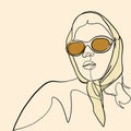 Linear minimal portrait glamour woman in sunglasses and scarf on her head. Royalty Free Stock Photo
