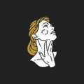 Linear minimalist logo woman head with blonde hair stroking neck enjoy skincare outline vector