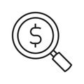 Linear monochrome fundraising icon vector illustration dollar currency logo under magnifying glass