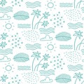 Linear monochrome seamless summer pattern for Wrapping paper. Cute doodle summer pattern with palm tree and waves