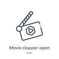 Linear movie clapper open icon from Cinema outline collection. Thin line movie clapper open vector isolated on white background.