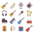 Linear music instruments vector color flat icons