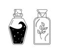 Linear mystic bottles with potions. Isolated vector glass bottle with plant and black liquid space