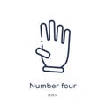 Linear number four with four finger icon from Hands and guestures outline collection. Thin line number four with four finger icon