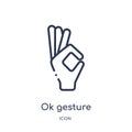 Linear Ok Gesture Icon From Hands And Guestures Outline Collection. Thin Line Ok Gesture Icon Isolated On White Background. Ok
