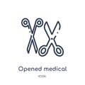 Linear opened medical scissors icon from Medical outline collection. Thin line opened medical scissors icon isolated on white