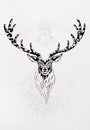 Linear ornamental drawing of deer with horns, sacred animal symbol.