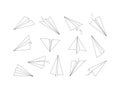 Linear paper planes. Drawing origami aircraft transport air vector collection