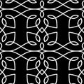 linear pattern on a black background features white, flowing curves and loops that form symmetrical designs. Royalty Free Stock Photo