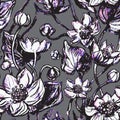 Linear pattern - lotus, water lillies flowers. Lotus, flowers seamless pattern. Monotone with drawing line art. Exsotic grey Royalty Free Stock Photo