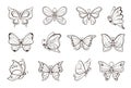 Linear patterned butterflies. Flying insects. Decorative creations. Hand drawn black contours. Simple organic shapes