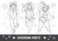 Linear pencil drawing. Antistress coloring book, page. Best friends. Cartoon fashion girl. Kigurumi or pajama party. Vector