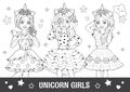 Linear pencil drawing. Antistress coloring book, page. Best friends. Fashion girl in beautiful dress. Cute Fairy or princess. Royalty Free Stock Photo