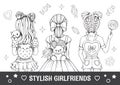 Linear pencil drawing. Antistress coloring book, page. Best friends. Fashion girl with hairstyle and backpack. Cartoon princess.