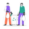 Linear people cleaning up, collecting and sorting waste. Volunteers taking care of environment, trash sorting flat vector symbols