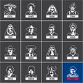 Linear people icons set on black background, different nationalities, traditional dress, national costume,