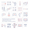 Linear photography and camera icons set blue and red Royalty Free Stock Photo