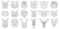 Linear polygonal animal bear, snake, dog geometric heads. Low poly animals faces, boar, llama, lynx and koala vector