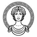 Linear portrait of the young Greek woman with a traditional hairstyle. Decorative circle.