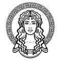 Linear portrait of the young Greek woman with a traditional hairstyle. Decorative circle.