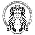 Linear portrait of the young Greek woman with a traditional hairstyle. Decorative circle.