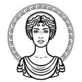 Linear portrait of the young Greek woman with a traditional hairstyle. Decorative circle.