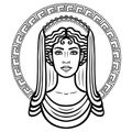 Linear portrait of the young Greek woman with a traditional hairstyle. Decorative circle.