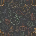 Linear Pumpkin vector seamless pattern, hand drawn sketch on dark background. Halloween cartoon. For wrapping paper, street