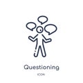 Linear questioning icon from Activity and hobbies outline collection. Thin line questioning vector isolated on white background.