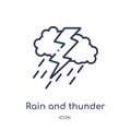 Linear rain and thunder icon from Meteorology outline collection. Thin line rain and thunder icon isolated on white background.