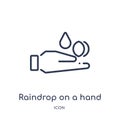 Linear raindrop on a hand icon from Ecology outline collection. Thin line raindrop on a hand vector isolated on white background.