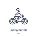 Linear riding bicycle icon from Gym and fitness outline collection. Thin line riding bicycle icon isolated on white background.