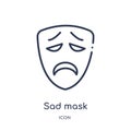 Linear sad mask icon from Cinema outline collection. Thin line sad mask vector isolated on white background. sad mask trendy Royalty Free Stock Photo