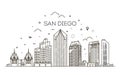 Linear San Diego city skyline vector background