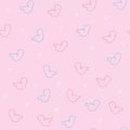 Linear seamless pattern. Human embryo and heart. Small babies, boys and girls. Cute silhouettes on pink background