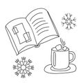 Linear set. Ccup of Chocolate with Marshmallows, open book and snowflakes. Winter Hygge. Vector illustration in Royalty Free Stock Photo