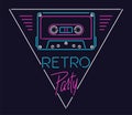 Linear Sign of Tape Cassette in Triangle with `Retro Party` Text in Style of 80s