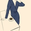 Linear silhouette of woman with coffee