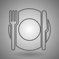 Linear silhouettes of a plate with fork and knife on gray background, isolated.