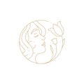 Linear simple logo female face smelling tulip at hand drawn circle frame for beauty spa salon vector