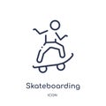 Linear skateboarding icon from Free time outline collection. Thin line skateboarding vector isolated on white background. Royalty Free Stock Photo