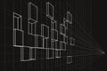 Linear sketch abstract asymmetric cube facade in perspective on black background Royalty Free Stock Photo