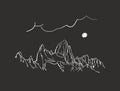 Linear sketch of Fitz Roy mountain in Patagonia in night with moon