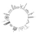 Linear sketches of famous landmarks in the world drawn in a circle and isolated on a white background
