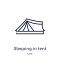 Linear sleeping in tent icon from General outline collection. Thin line sleeping in tent icon isolated on white background.